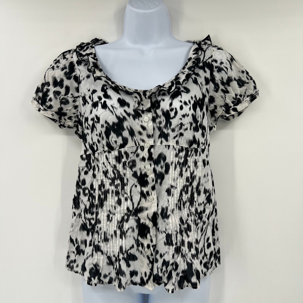 The Limited Womens Small Black White Abstract Animal Print Pintuck Ruffle Blouse
